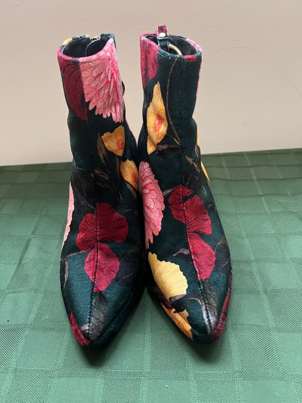 Floral Velvet Pointed Toe Ankle Boots - Black Multi